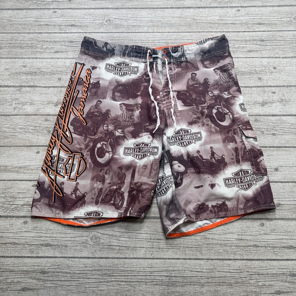 Vintage Harley Davidson Board Shorts Mens 36 Gray Graphic Athleisure Swim Trunks